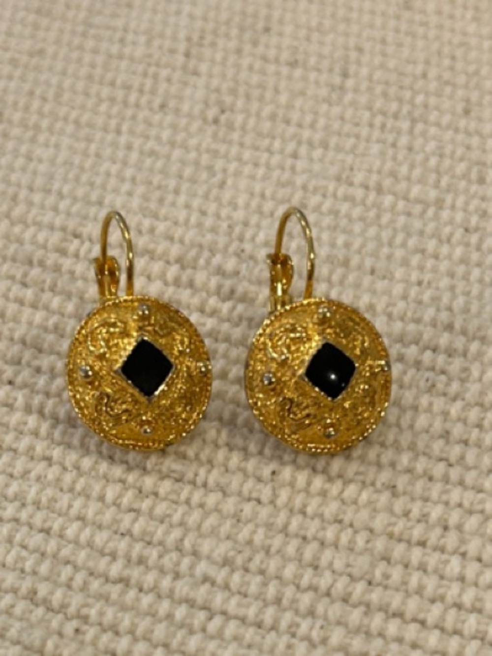 Gold-Tone Round Drop Earrings with Black Center